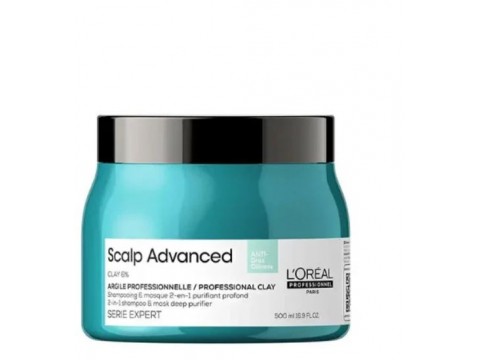 LOREAL Professionnel Scalp Advanced Anti-Oiliness 2in1 Deep Purifier Clay valomoji kaukė – šampūnas riebiai galvos odai 500ml